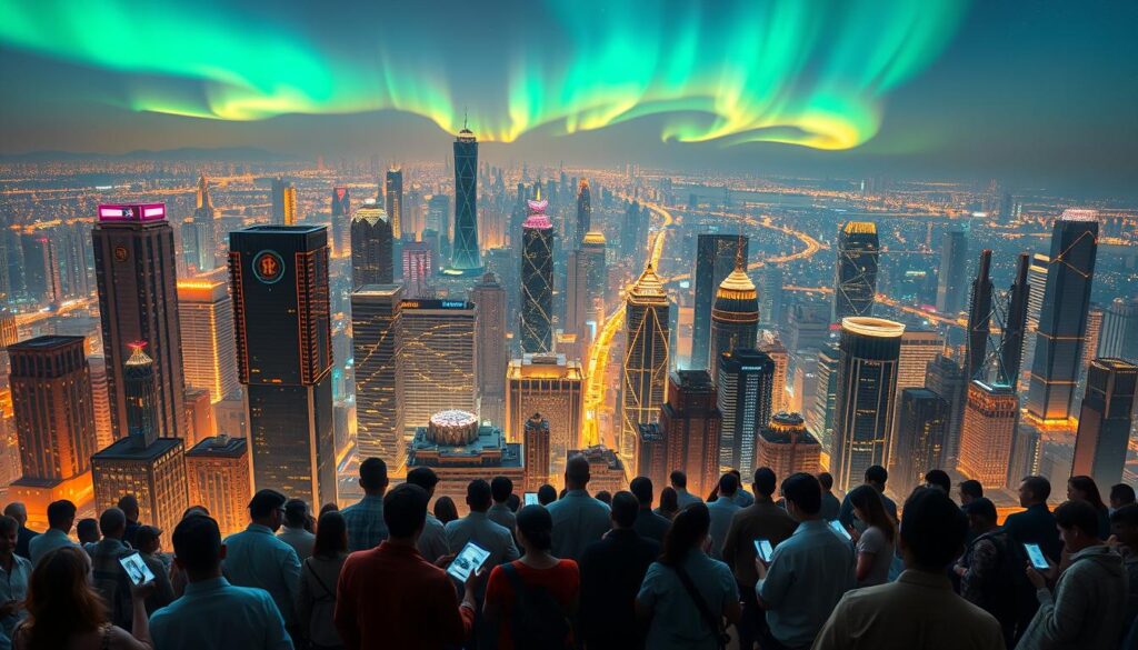 A bustling city skyline, illuminated by the soft glow of futuristic holographic displays. In the foreground, a diverse group of people, each interacting with sleek, hand-held crypto-enabled devices, facilitating seamless micro-financing transactions. The middle ground features a sprawling network of interconnected towers, each housing state-of-the-art blockchain infrastructure, powering the innovative financial ecosystem. In the distance, a luminous aurora dances across the sky, symbolizing the transformative potential of this new era of inclusive, decentralized finance. Warm, ambient lighting casts a sense of optimism and progress, as the scene conveys the cutting-edge advancements in crypto-powered micro-financing solutions, designed to empower the unbanked. A bustling city skyline, illuminated by the soft glow of futuristic holographic displays. In the foreground, a diverse group of people, each interacting with sleek, hand-held crypto-enabled devices, facilitating seamless micro-financing transactions. The middle ground features a sprawling network of interconnected towers, each housing state-of-the-art blockchain infrastructure, powering the innovative financial ecosystem. In the distance, a luminous aurora dances across the sky, symbolizing the transformative potential of this new era of inclusive, decentralized finance. Warm, ambient lighting casts a sense of optimism and progress, as the scene conveys the cutting-edge advancements in crypto-powered micro-financing solutions, designed to empower the unbanked.